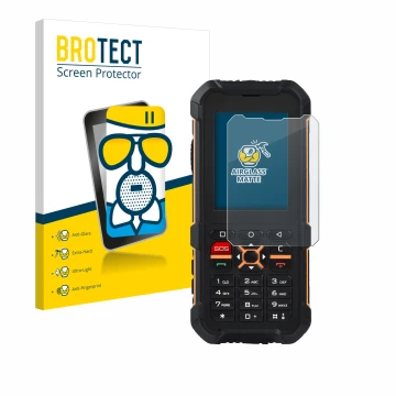 Face avant d’un emballage produit avec le logo de la marque BROTECT. À côté, l’appareil RugGear RG170 est représenté avec la p