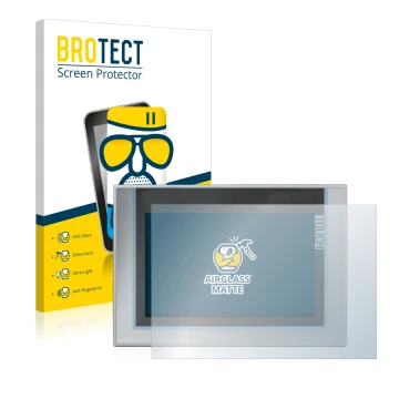 Face avant d’un emballage produit avec le logo de la marque BROTECT. À côté, l’appareil Siemens Simatic TP1200 Comfort est rep