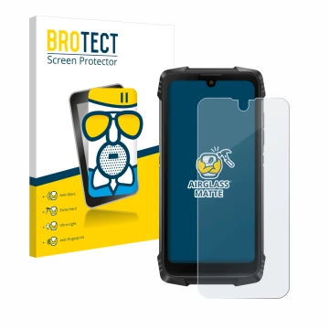 Face avant d’un emballage produit avec le logo de la marque BROTECT. À côté, l’appareil Blackview BV6900 est représenté avec l