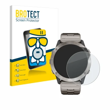 Face avant d’un emballage produit avec le logo de la marque BROTECT. À côté, l’appareil Garmin quatix 6x Solar est représenté 