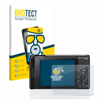 Face avant d’un emballage produit avec le logo de la marque BROTECT. À côté, l’appareil Sony ZV-1 est représenté avec la prote