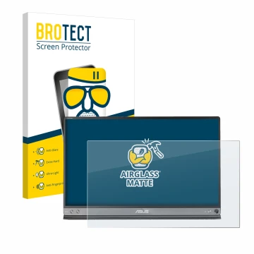 Face avant d’un emballage produit avec le logo de la marque BROTECT. À côté, l’appareil ASUS ZenScreen MB16AC est représenté a