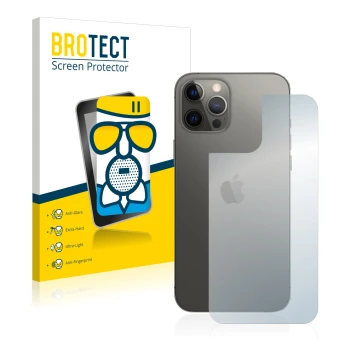 Face avant d’un emballage produit avec le logo de la marque BROTECT. À côté, l’appareil Apple iPhone 12 Pro Max (Arrière) est 