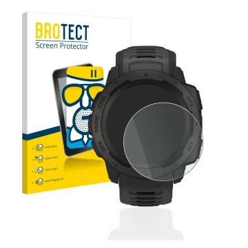 Face avant d’un emballage produit avec le logo de la marque BROTECT. À côté, l’appareil Garmin Instinct Solar est représenté a
