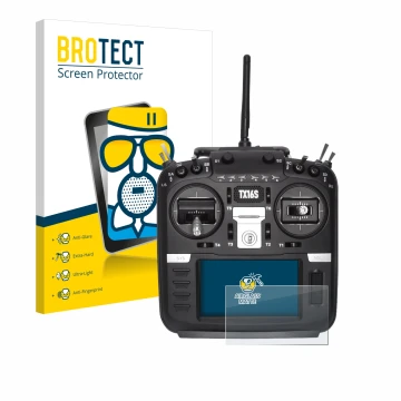 Face avant d’un emballage produit avec le logo de la marque BROTECT. À côté, l’appareil Radiomaster TX16S est représenté avec 