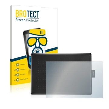 Face avant d’un emballage produit avec le logo de la marque BROTECT. À côté, l’appareil Wacom One Medium est représenté avec l