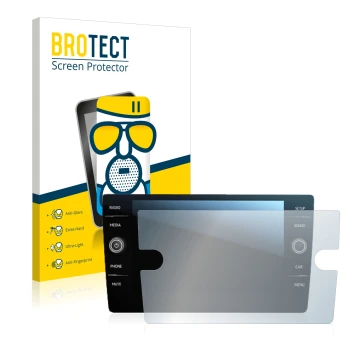 Face avant d’un emballage produit avec le logo de la marque BROTECT. À côté, l’appareil Volkswagen Tiguan Discover Media 8