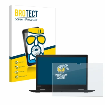 Face avant d’un emballage produit avec le logo de la marque BROTECT. À côté, l’appareil Lenovo ThinkPad X13 Yoga 20SX0003GE es