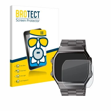 Face avant d’un emballage produit avec le logo de la marque BROTECT. À côté, l’appareil Casio A168WEGG-1BEF est représenté ave