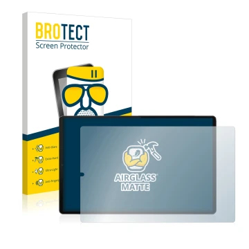 Face avant d’un emballage produit avec le logo de la marque BROTECT. À côté, l’appareil Lenovo Tab M10 FHD Plus (en paysage) e