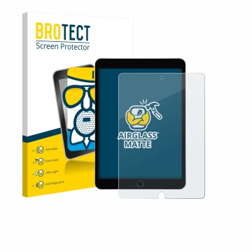 Face avant d’un emballage produit avec le logo de la marque BROTECT. À côté, l’appareil Apple iPad 10.2