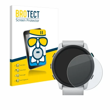 Face avant d’un emballage produit avec le logo de la marque BROTECT. À côté, l’appareil Garmin Forerunner 745 est représenté a