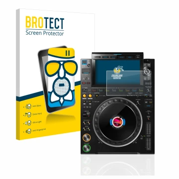 Face avant d’un emballage produit avec le logo de la marque BROTECT. À côté, l’appareil Pioneer CDJ 3000 est représenté avec l