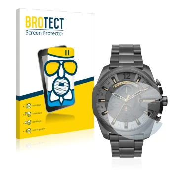 Face avant d’un emballage produit avec le logo de la marque BROTECT. À côté, l’appareil Diesel Chronograph DZ4466 est représen