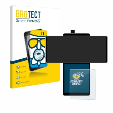 Face avant d’un emballage produit avec le logo de la marque BROTECT. À côté, l’appareil LG Wing (Affichage arrière) est représ