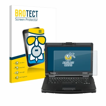 Face avant d’un emballage produit avec le logo de la marque BROTECT. À côté, l’appareil Panasonic Toughbook FZ-55 Full HD est 