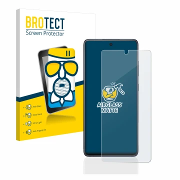 Face avant d’un emballage produit avec le logo de la marque BROTECT. À côté, l’appareil Samsung Galaxy S20 FE 5G est représent