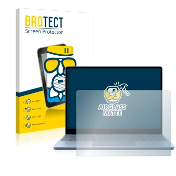 Face avant d’un emballage produit avec le logo de la marque BROTECT. À côté, l’appareil Microsoft Surface Laptop Go est représ