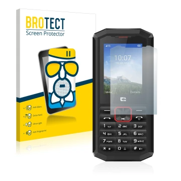 Face avant d’un emballage produit avec le logo de la marque BROTECT. À côté, l’appareil Crosscall Spider X5 est représenté ave