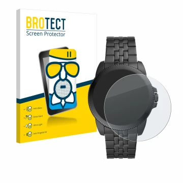 Face avant d’un emballage produit avec le logo de la marque BROTECT. À côté, l’appareil Fossil Gen 5E est représenté avec la p