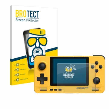 Face avant d’un emballage produit avec le logo de la marque BROTECT. À côté, l’appareil Retroid Pocket 2 est représenté avec l