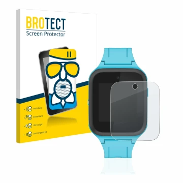 Face avant d’un emballage produit avec le logo de la marque BROTECT. À côté, l’appareil TCL Movetime FamilyWatch Kids MT40X es