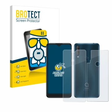 Face avant d’un emballage produit avec le logo de la marque BROTECT. À côté, l’appareil Alcatel 1S 2020 (Avant+Arrière) est re