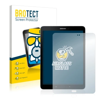 Face avant d’un emballage produit avec le logo de la marque BROTECT. À côté, l’appareil Samsung Galaxy Tab S3 est représenté a