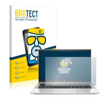 Face avant d’un emballage produit avec le logo de la marque BROTECT. À côté, l’appareil HP EliteBook 830 G7 Non-Touch est repr