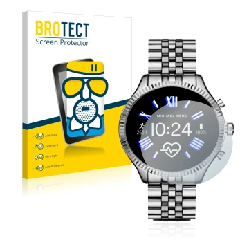 Face avant d’un emballage produit avec le logo de la marque BROTECT. À côté, l’appareil Michael Kors Access Gen 5 Lexington es