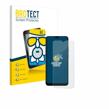 Face avant d’un emballage produit avec le logo de la marque BROTECT. À côté, l’appareil Samsung Galaxy A02s est représenté ave