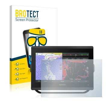 Face avant d’un emballage produit avec le logo de la marque BROTECT. À côté, l’appareil Garmin GPSMAP 8412xsv est représenté a