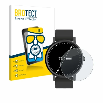 Face avant d’un emballage produit avec le logo de la marque BROTECT. À côté, l’appareil Montres (Circulaire, ø: 33.5 mm) est r
