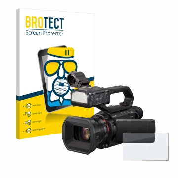 Face avant d’un emballage produit avec le logo de la marque BROTECT. À côté, l’appareil Panasonic HC-X2000 est représenté avec