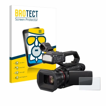 Face avant d’un emballage produit avec le logo de la marque BROTECT. À côté, l’appareil Panasonic HC-X1500 est représenté avec