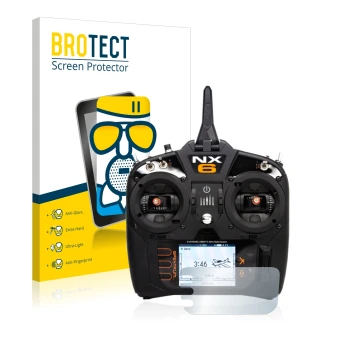 Face avant d’un emballage produit avec le logo de la marque BROTECT. À côté, l’appareil Spektrum NX6 est représenté avec la pr