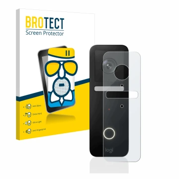Face avant d’un emballage produit avec le logo de la marque BROTECT. À côté, l’appareil Logitech Circle View Doorbell est repr