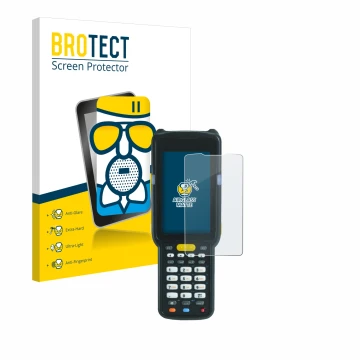 Face avant d’un emballage produit avec le logo de la marque BROTECT. À côté, l’appareil Zebra MC3300X est représenté avec la p