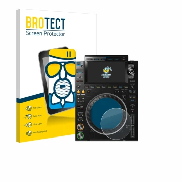 Face avant d’un emballage produit avec le logo de la marque BROTECT. À côté, l’appareil Pioneer CDJ 3000 (Cercle) est représen