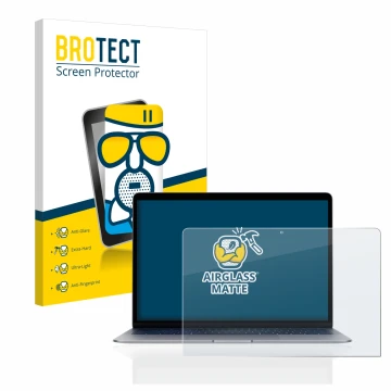 Face avant d’un emballage produit avec le logo de la marque BROTECT. À côté, l’appareil Apple MacBook Air 13
