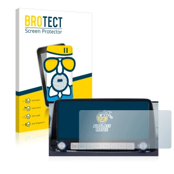 Face avant d’un emballage produit avec le logo de la marque BROTECT. À côté, l’appareil Hyundai Kona 2020 Infotainment System 