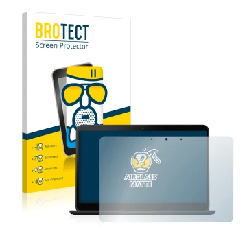 Face avant d’un emballage produit avec le logo de la marque BROTECT. À côté, l’appareil Google Pixelbook Go 13.3