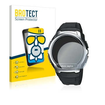 Face avant d’un emballage produit avec le logo de la marque BROTECT. À côté, l’appareil Casio Wave Ceptor WV-58 est représenté