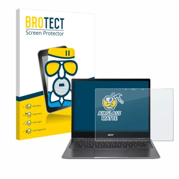 Face avant d’un emballage produit avec le logo de la marque BROTECT. À côté, l’appareil Acer Chromebook Spin 713 est représent