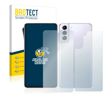 Face avant d’un emballage produit avec le logo de la marque BROTECT. À côté, l’appareil Samsung Galaxy S21 5G (Avant+Arrière) 