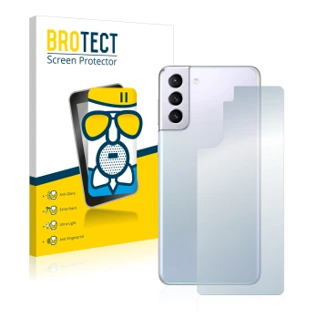 Face avant d’un emballage produit avec le logo de la marque BROTECT. À côté, l’appareil Samsung Galaxy S21 5G (Arrière) est re