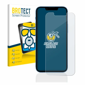 Face avant d’un emballage produit avec le logo de la marque BROTECT. À côté, l’appareil Apple iPhone 13 mini est représenté av