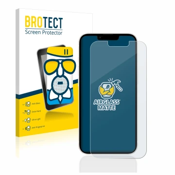 Face avant d’un emballage produit avec le logo de la marque BROTECT. À côté, l’appareil Apple iPhone 13 est représenté avec la