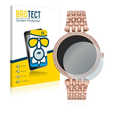 Face avant d’un emballage produit avec le logo de la marque BROTECT. À côté, l’appareil Michael Kors Access Darci Gen 5E est r