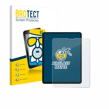 Face avant d’un emballage produit avec le logo de la marque BROTECT. À côté, l’appareil Apple iPad Pro 12.9